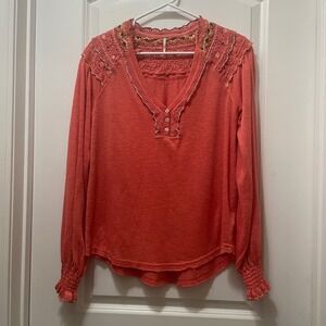 Free People Coral Embroidered Crochet Lace Henley Long Sleeve Top Size Small